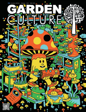 Colorful illustration of a mushroom character with a garden theme on a magazine cover titled 'Garden Culture'.