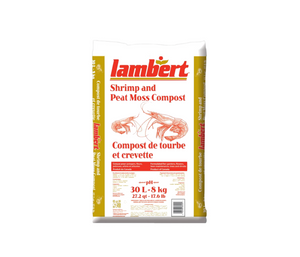 Lambert Shrimp Peat Moss Compost This product comes in a large white bag with gold blocking along the right and left side of the bag written with-in the blocks vertically in a white letter “Shrimp Peat Moss Compost” on the top centre of the bag “Lambert” is written in red with gold and red underlining “Shrimp Peat Moss Compost” is printed below that with stretching of two red shrimp.  
