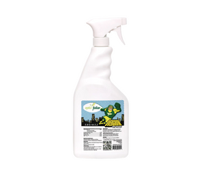 Spray bottle with a superhero-themed label on a white background