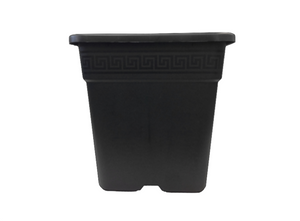 The  Mondi Quadra 12" square pot. This black square pot with four holes on bottom for drainage with a  swirl design all along the upper part of pot.