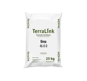 Urea 46-0-0 is an effective fertilizer, providing the highest amount of nitrogen of any fertilizer at 46%. This product comes in a white rectangular bag with “TerraLink” written in green bold lettering across the centre of the bag. 
