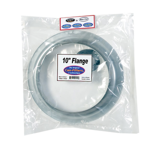 Canfilter 10" Mounting Flange. This product comes in a square plastic bag with a white label on the centre. These  10” spun steel flanges come with a foam rubber seal and 6 hex drive self-tapping screws forming a perfect seal with Can-Filter products. Used for mounting 10" ducting to Canfilter.
