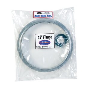 Canfilter 12" Mounting Flange. This product comes in a square plastic bag with a white label on the centre. These 12” spun steel flanges come with a foam rubber seal and 6 hex drive self-tapping screws forming a perfect seal with Can-Filter products.Used for mounting 12" ducting to Canfilter.