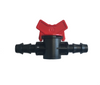 1/2" Shut-Off Valve, two black ridged circular tubes connecting to a central smooth tube with a red butterfly shaped shutoff valve on top