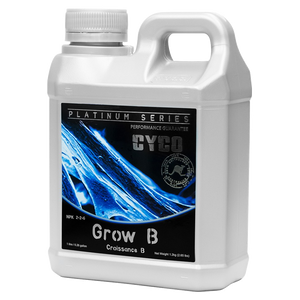 Cyco Platinum Series Grow B is the second of the two parts to make up the base nutrient system for the vegetative stage of plant growth. This product comes in a 1L silver jug-like container with a black label and an electric blue image with text surrounding it.
