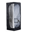 Mammoth Pro 60 2(L)x2(W)x5.3(H) grow tent. Rectangular prism in shape, black exterior, silver interior, shown here with tent unzipped, and door flap pulled back. 