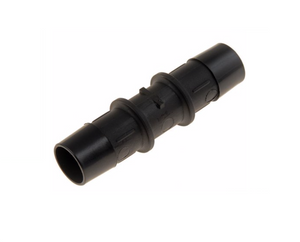 3/4" Straight Connector made of black rigid plastic. Used to make straight connections with 3/4" vinyl hose.
