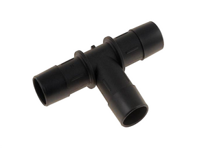 3/4" Tee Connector made of black ridged plastic. Used to make split/tee connections with 3/4" hose. This item is “T” shaped. 