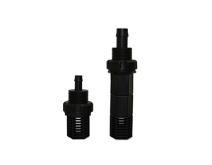 Botanicare's Ebb and Flow Fitting Kit comes with - 1 x 1/2” Bulkhead Fitting - 1 x 3/4” Bulkhead Fitting - 2 x Threaded Extensions/Risers - 2 x Threaded Screen. Made of black plastic shown side by side. 