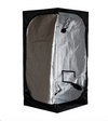 Mammoth Pro 90 3(L)x3(W)x6.(H) grow tent. Rectangular prism in shape, black exterior, silver interior, shown here with tent unzipped, and door flap pulled back. 