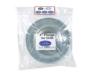 Canfilter 4" Mounting Flange. This product comes in a square plastic bag with a white label on the centre. These 4” spun steel flanges come with a foam rubber seal and 6 hex drive self-tapping screws forming a perfect seal with Can-Filter products. Used for mounting 4" ducting to Can 33 or Can 66.