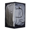 Mammoth Pro 120 4(L)x4(W)x6.6(H) grow tent. Light proof design Quick and easy assembling 19mm steel poles and high quality corners and connectors Big doors offer easy access Multiple inlets and outlets for flexible installation. Rectangular prism in shape, black exterior, silver interior, shown here with tent unzipped, and door flap pulled back. 