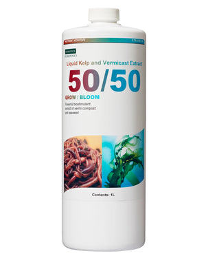 Hydrotech 50/50 is a liquid kelp and vermicast extract. Powerful biostimulant extract of worm compost and seaweed. This product comes in a white cylindrical bottle with an image of earth worms and seaweed on it. 