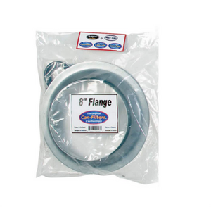Canfilter 8" Mounting Flange. This product comes in a square plastic bag with a white label on the centre. These 8” spun steel flanges come with a foam rubber seal and 6 hex drive self-tapping screws forming a perfect seal with Can-Filter products