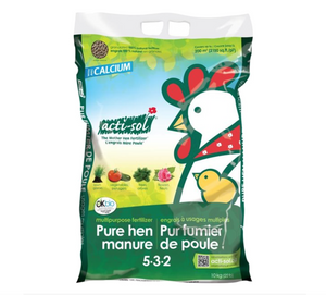Acti-Sol Pure Hen Manure Multipurpose Organic Fertilizer. Acti-Sol Pure Hen Manure Multipurpose Organic Fertilizer (10kg), Green bag with white handles, with a photo of rooster and chick accompanied by images of lawns, vegetables, flowers and trees.