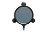4” Round black disc framing a large blue circular aeration stone . Three suction cup’s along the bottom edge of the frame to hold the disc in place when submerged under water. 