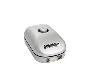 Active Aqua 2 Outlet Air Pump. Silver air pump on a slight angle with two outlets and multi-level muffler. 