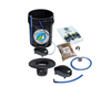 Alfred DWC (Deep Water Culture) 1-Plant System. Showing  all components of the kit: 5 gallon bucket, ½” grommet, 2 L mesh pot bucket, lid clips, air diffuser, ¼” clear blue tubing, 6’ length, ½ dual barb elbow, ½” clear blue water level indicator, water level indicator clip, clay pebble media (2L), single outlet air pump and instruction booklet.