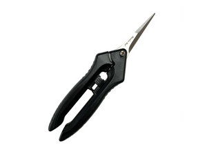 Alfred Curved Scissors. Black handled curved scissors with silver blade, shown closed. Made of fully hardened stainless steel blades for long-lasting sharpness. Comfortable ergonomic handles reduce hand stress and improve control. Can be used either right or left handed.
