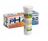 Alfred pH Test Strips. Product comes in a white cylindrical bottle with pH test strip colour examples. The product is shown in front of its box which also has pH color ranges on it. 