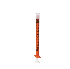 Amber Syringe, 1ml amber syringe with cap. Product is shown standing up, orange base with white plunger and  white cap, shot on a white background. 