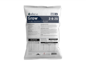  Athena Pro Grow is a balanced soluble fertilizer blend formulated for commercial cultivators to streamline irrigation. This product comes in a rectangular shaped white bag with a blue and white label.