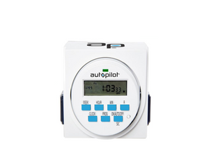 Autopilot Dual Outlet 7-Day Timer is an automated timer that encourages productive plant growth with consistent hours of light. This product is cube-like in shape with multiple outlets. This product is shown face on, white timer with blue buttons for week, hours, min, clock, program auto on/off and R programming. There’s one outlet at the bottom and a digital timer at the top under the product name “autopilot”.