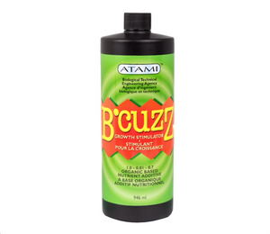 B'Cuzz Grow Stimulator is an Organic based nutrient additive. This Product comes in a black cylindrical bottle with a green and orange label. 