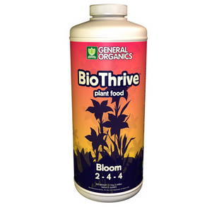 General Organics BioThrive Bloom 2-4-4 BioBloom offers flowering and fruiting plants essential nutrients for superior blooms and bountiful harvests. BioThrive Bloom benefits all types of plants during the flowering and fruiting phases. This product comes in a white cylindrical bottle, sunset colored label with black flower silhouettes in center. 