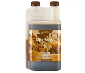 BioCanna Bio Vega is a one-part organic fertilizer for use during the vegetative stage. This product comes in a rectangular bottle with two brown lids. The label is sepia toned with an image of a wagon with hay in it, a farmhouse off to the right & some trees in the background. 