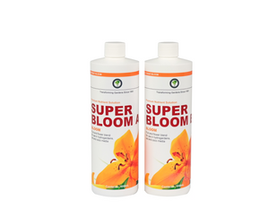 Hydrotech Super Bloom A&B is a Premium nutrient solution used for Fruit and flower blends for use in hydrogardens, soil and coco media. These products come in white cylindrical bottles with an image of a flower in the bottom right.