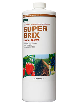 Hydrotech Super Brix is blackstrap molasses unsulphured. This product comes in a white cylindrical bottle, white lid, label that has an image of peppers, a field and grapes. 