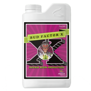 Advanced Nutrients Bud Factor X,  white rectangular bottle with a purple label, giant black X in the centre with a cameo of a mad scientist pouring a green solution on a plant in a science beaker. 