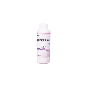 pH Buffer #4 Calibration solution. This product comes in a white cylindrical bottle with a pink splash of liquid, with a pink border. 