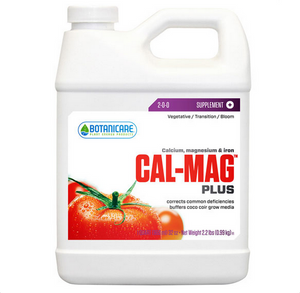 Botanicare Cal Mag Plus (2-0-0) is a highly fortified calcium, magnesium, and iron plant nutrient formulated to correct common deficiencies. This product comes in a white jug-like container with a white label and two tomatoes. 
