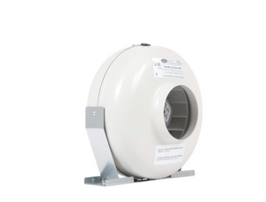 Can-Fan S 400 4” 145 CFM. This product is off white with silver mounting brackets, showing the side view of the fan. The fan has a powder-coat finish and is 100% speed controllable. Rated for continuous operation, they utilize an extremely reliable external rotor motor and reverse curve blade.