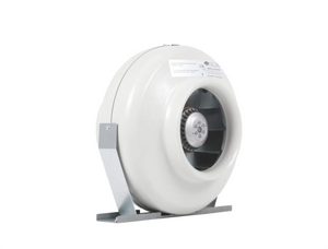 Can-Fan 8” HO 766 CFM. This product is off white with silver mounting brackets, showing the side view of the fan. The fan has a powder-coat finish and is 100% speed controllable. Rated for continuous operation, they utilize an extremely reliable external rotor motor and reverse curve blade.