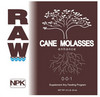 Raw Cane Molasses (0-01) is water soluble micronized molasses that is super concentrated, one 2oz package is equivalent to 1 gallon of liquid molasses, making transport and storage much easier. Sugars are a source of energy for living things. Raw Cane Molasses provides a quick boost of energy to plants and beneficial microbes to promote plant growth. This is a close up image of the label (brown & white), it has an image of a tree “Cane Molasses enhance” text  in the centre with roots coming out the bottom. 