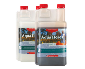 Canna Aqua Flores A (3-0-6) & B (0-4-4) is a professional hydroponic nutrient for plants during the blooming phase, specially developed for re-circulating water systems. These products come in two rectangular bottles with red lids. The labels have a farmer and pumpkins on them.