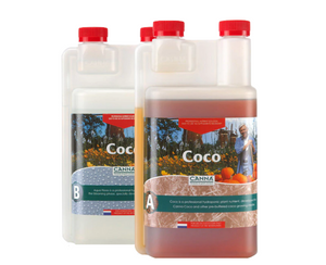 Canna Coco A&B is a complete professional nutrient for plants containing all the essential elements for optimal growing and flowering. These products come in two rectangular bottles with red lids. The labels have images of a farmer and pumpkins on them.