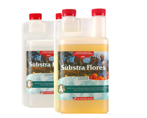 Canna Substra Flores A (4-0-3) & B (1-3-5) Two part nutrient for the flowering stage in open hydroponic systems, adapted for soft water. These products come in two rectangular bottles with red lids. The labels have images of a farmer and pumpkins on them.