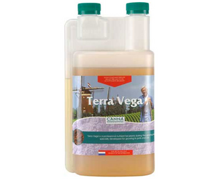 Canna Terra Vega (3-1-3) is a one-part fertilizer for the growing stage in pre-fertilized soils and soilless mixes. This product comes in a rectangular bottle with green lids. The label has an image of a farmer in a field with a windmill in the background.
