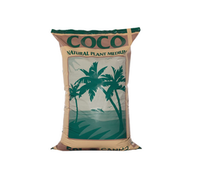 Canna Coco substrate is a 100% organic product having a fine, uniform structure, free from viruses, chemical additives and soil diseases. This product comes in a brown plastic bag with green accents and a photo of a palm tree on a beach in the centre. 