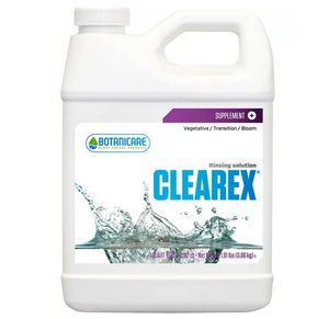 Botanicare Clearex is a rinsing solution designed to remove excess salt buildup in container gardens and hydroponic systems. This product comes in a white jug-like container with a white label and a water splash on the bottom. 