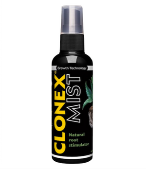 Clonex Mist 100 ml. This is a front shot of the product in a black bottle with a clear lid. The label is black with yellow and white writing with a green plant in a cube showing its roots. Root promoter. Clonex Mist is a ready-to-use foliar spray for mother plants (shortly before taking cuttings) and clones to stimulate root development. 