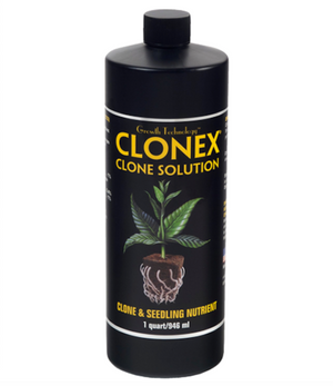 Clonex Solution is a plant nutrient specifically formulated for rooted clones and seedlings. It contains a special blend of the highest quality minerals including nitrogen, phosphorus, potassium, and calcium plus other essential elements that all plants require for vigorous growth. It also contains vitamin B1 which reduces the risk of transplant shock. This is a product shot of a black cylindrical bottle, black label, with yellow and white writing with a green plant in a cube showing its roots.   