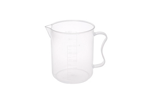 Measuring Cup 16oz, clear plastic, cylindrical in shape with measurement on side handle, and spout. 
