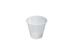 Measuring Cup 1oz, small cup, measurements on side, clear in colour,  and tapered on bottom.