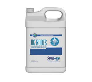 Current Culture's Cultured Solutions UC Roots is a hydroponic mineral de-scaler that prevents and reduces mineral deposits in hydroponic media and irrigation equipment. UC Roots may be used throughout the growth cycle. This product comes in a jug-like container with a blue and white label with light blue details.