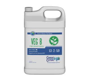 Current Culture's Cultured Solutions Veg B is the second part of a two-part system that combines all necessary macro and micronutrients in a pH stable, chelated form, ideal for high performance hydro and water culture applications. This product comes in a jug-like container with a blue and white label with green details.